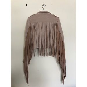 Pink faux suede fringe biker jacket